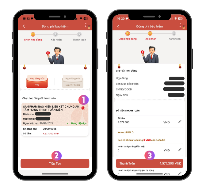Lựa chọn hợp đồng cần đóng phí của bản thân và xác nhận thông tin phí cần đóng