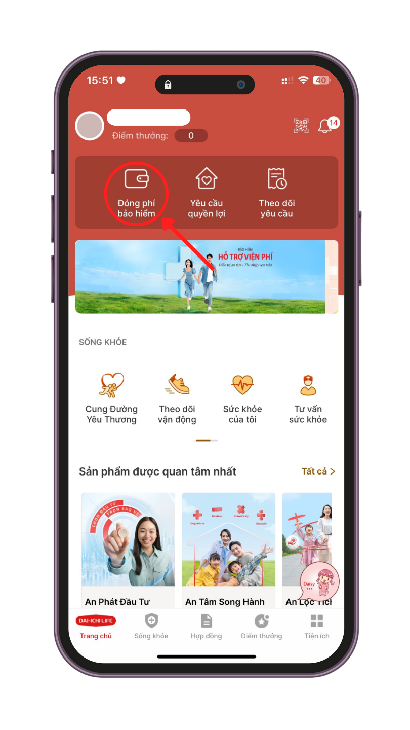 Chọn menu đóng phí bảo hiểm bắt đầu bước nộp phí cho hợp đồng bảo hiểm Dai-ichi