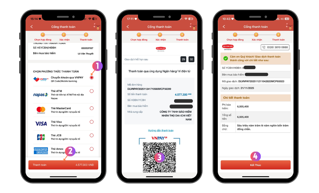 Đóng phí hợp đồng bảo hiểm theo phương thức Chuyển khoản qua VNPAY (Quét mã QR)