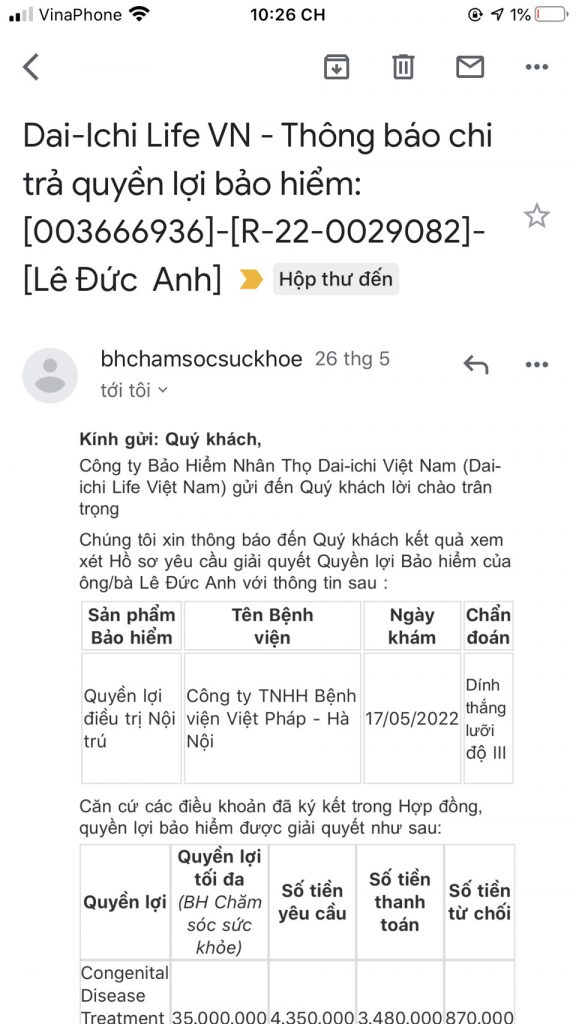Dai-ichi chi trả chi phí cắt thắng lưỡi tại bệnh viện Việt Pháp Hà Nội