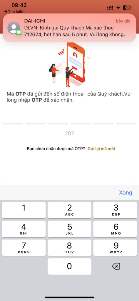 giao dien nhap ma OTP tren ung dung Dai ichi Connect
