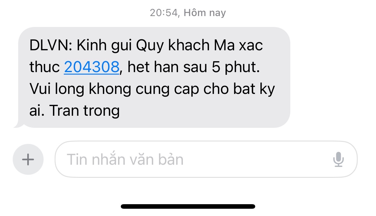 Mẫu tin nhắn OTP mà Dai-ichi gửi SMS vào số điện thoại của khách hàng