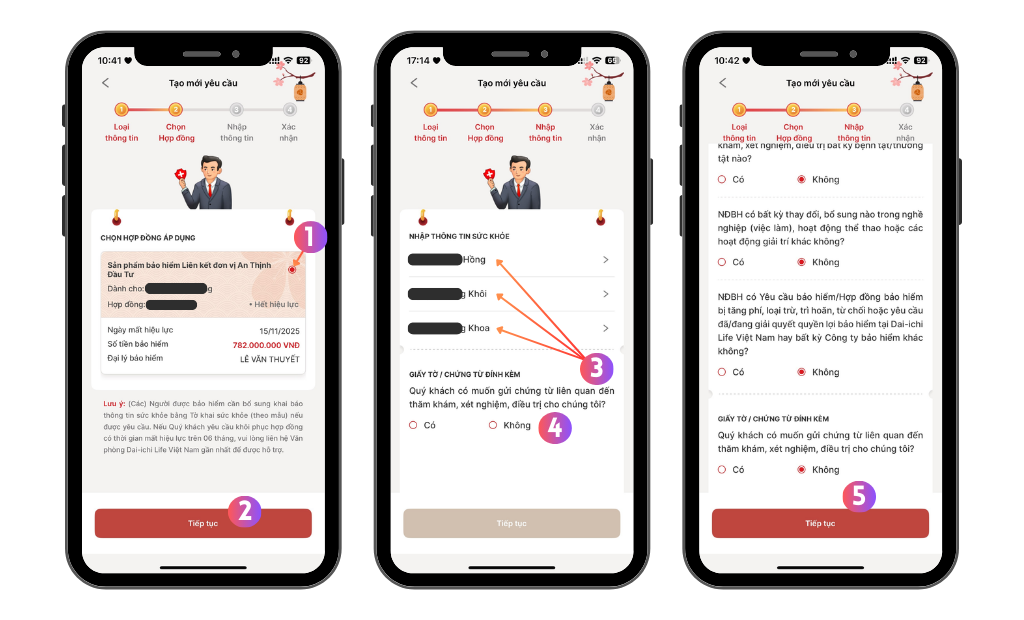 Chọn hợp đồng cần khôi phục hiệu lực và trả lời các câu hỏi về sức khỏe, về nghề nghiệp trong thời gian hợp đồng mất hiệu lực