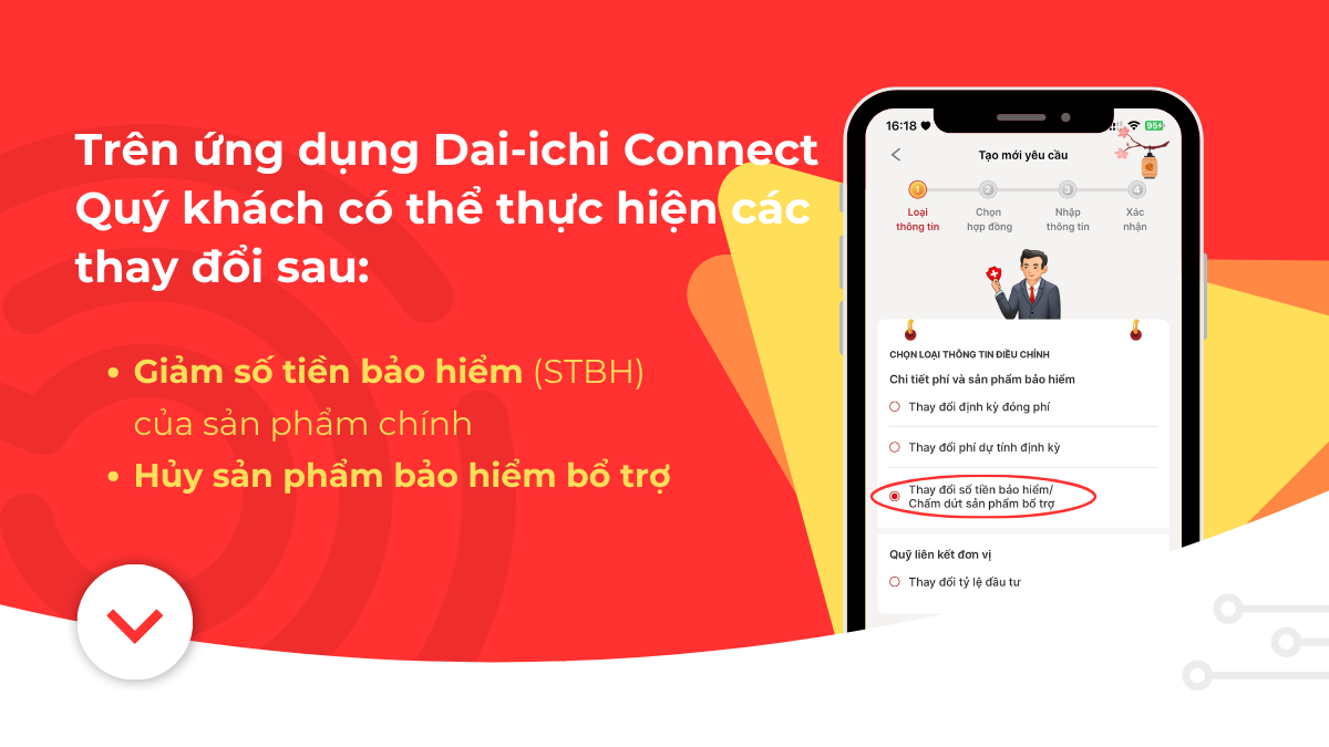 Hướng dẫn thay đổi số tiền bảo hiểm và hủy sản phẩm bổ trợ trên ứng dụng Dai-ichi Connect 9 Khách hàng có thể Giảm số tiền bảo hiểm và Hủy sản phẩm bảo hiểm bổ trợ trên ứng dụng Dai-ichi Connect